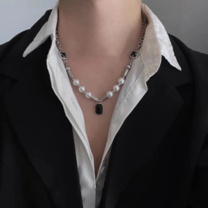 Black Zircon splicing Moon Pearl Necklace Men