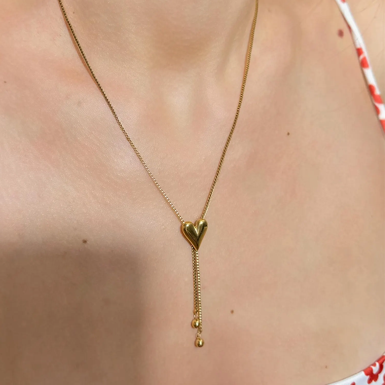 Gold Heart Lariat Necklace – Dainty Adjustable Y-Shape Slider Chain