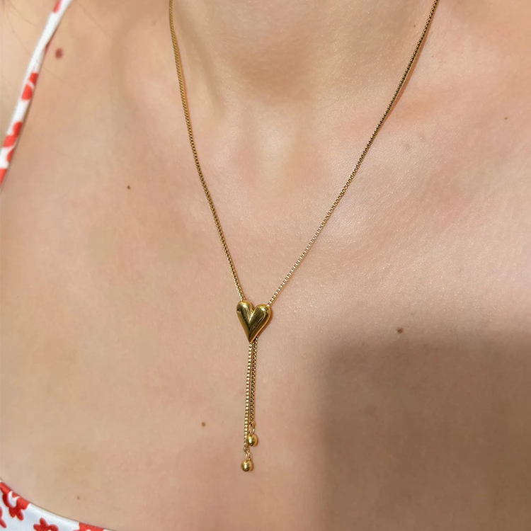Gold Heart Lariat Necklace – Dainty Adjustable Y-Shape Slider Chain