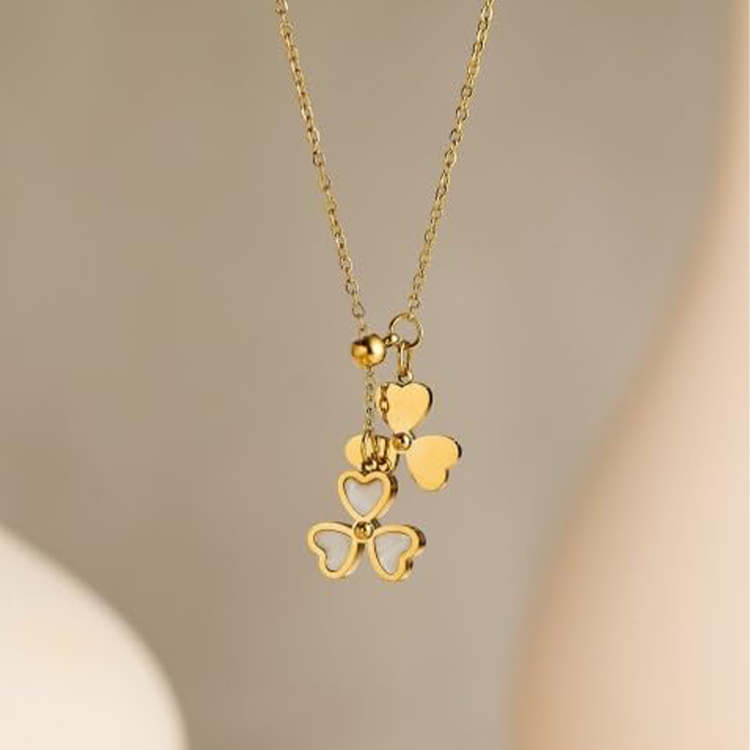 Stainless Steel Heart Flower Necklace – Tassel Chain Charm Pendant