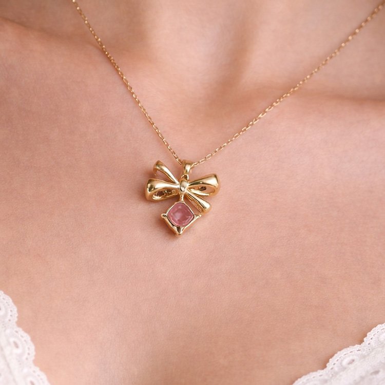 Golden Bow & Gemstone Pendant